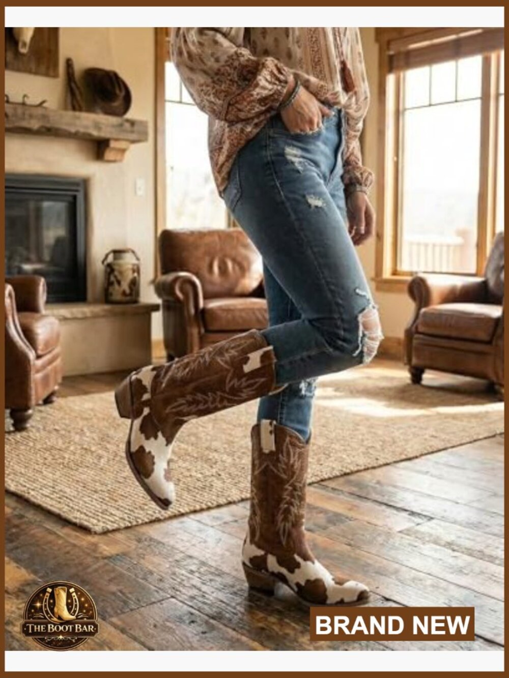 Knee-High Cow Print Western Cowgirl Boots with Pointed Toe - Picture 5 of 6